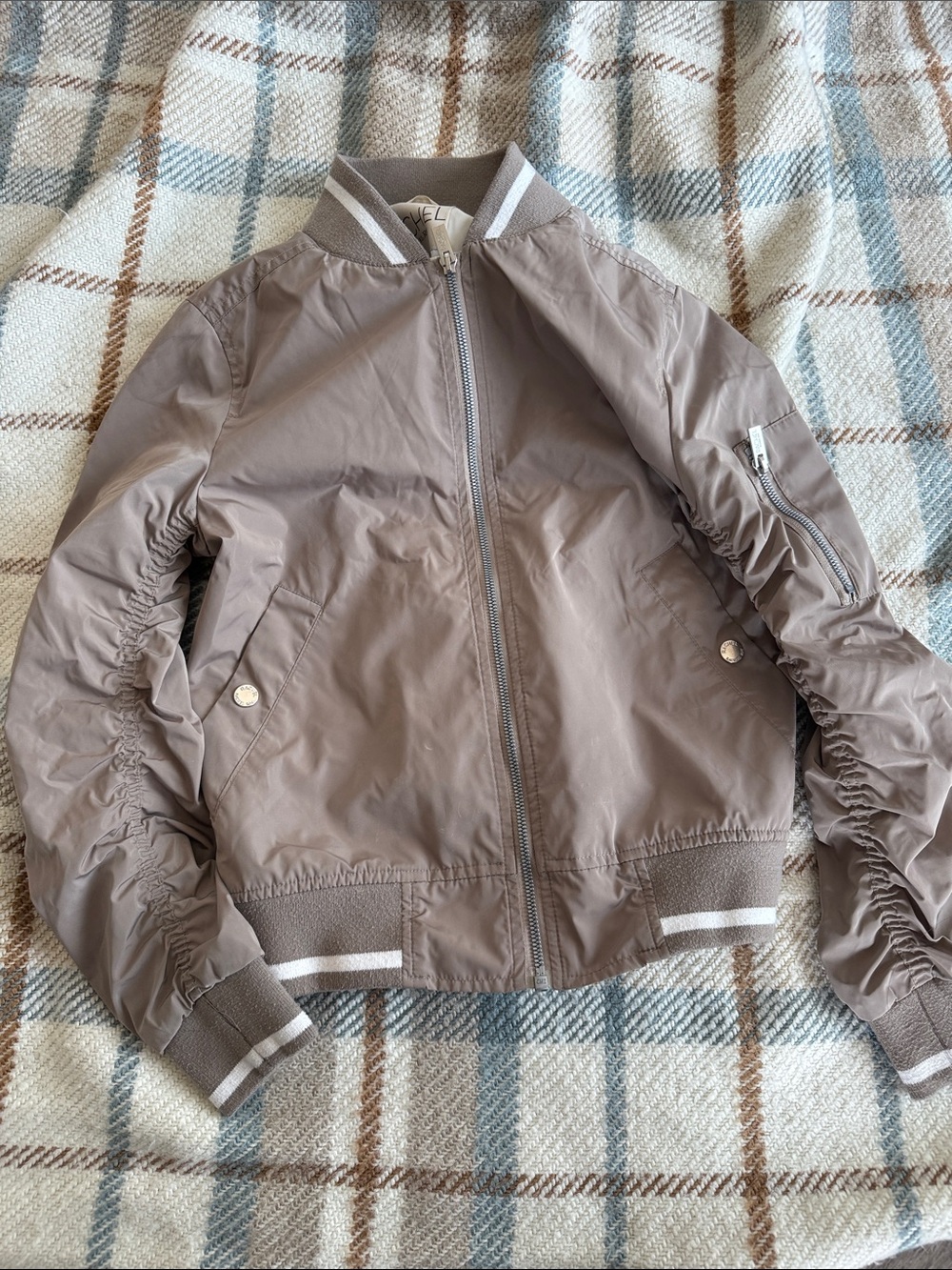 RACHEL Rachel Roy Taupe Bomber Jacket with White Trim